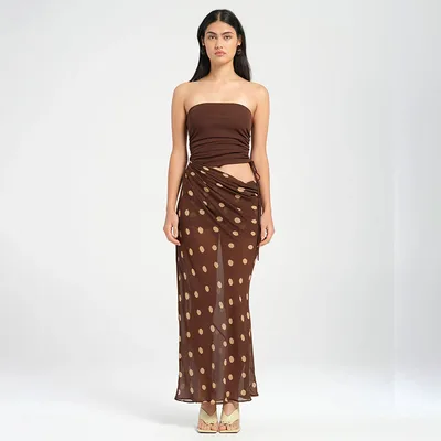 European And American Style Tube Top Hollow out Dot Mesh Slim fit Jumpsuit Long Dress For Women Brown - Shop at LoveMi