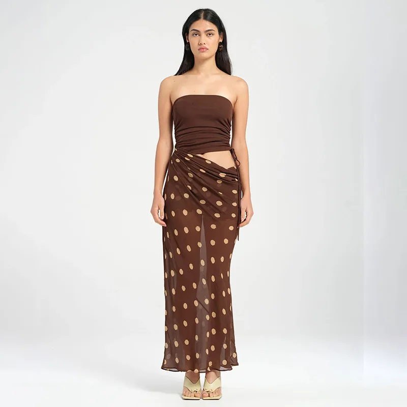 European And American Style Tube Top Hollow out Dot Mesh Slim fit Jumpsuit Long Dress For Women Brown - Shop at LoveMi