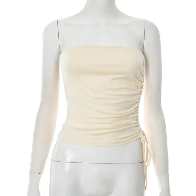 European And American Pure Color Tube top Slim Fit Drawstring Pleated Simple T shirt Top For Women Apricot - Shop at LoveMi