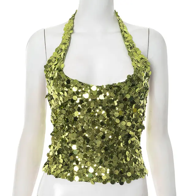 European And American Pure Color Sequins V neck Halter Zipper T shirt Top Green - Shop at LoveMi