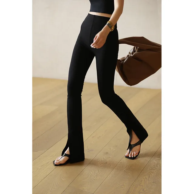 Side Slit Delicate Soft Gentle Skin Soft Bootcut Trousers Black - Shop at LoveMi
