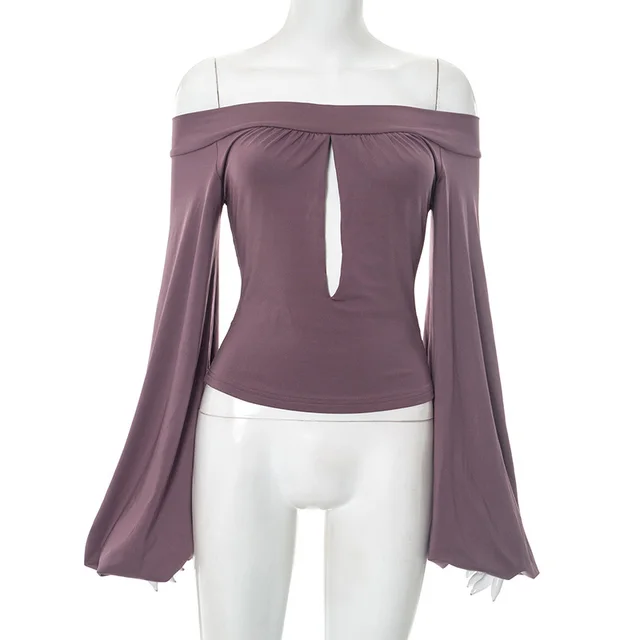 European And American style Off neck Lantern Sleeve Hollow out Top For Women Greyish Purple - Shop at LoveMi