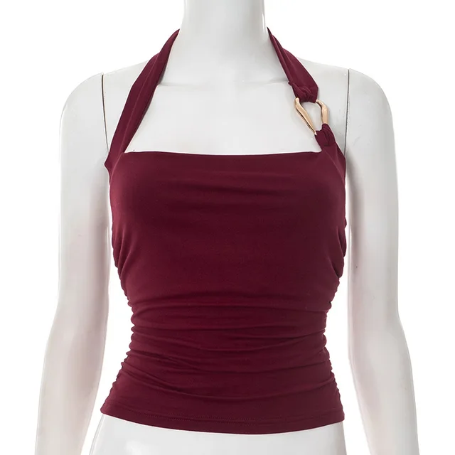 European And American Pure Color Halter Metal Ring Vest Camisole Top Wine Red - Shop at LoveMi