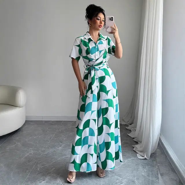 Short Sleeved Wide Leg Jumpsuit Women's Clothing Green - Shop at LoveMi