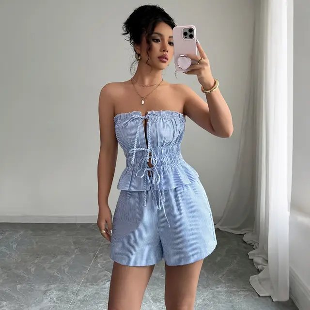 Tied Top Shorts Two piece Suit Women's Clothing Light Blue - Shop at LoveMi