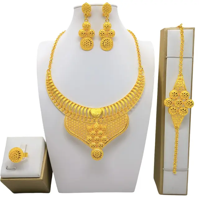 24K Gold Jewelry Suit Necklace Bracelet Earrings Four piece Ring Set Lc031 - Shop at LoveMi