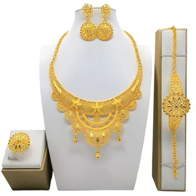 24K Gold Jewelry Suit Necklace Bracelet Earrings Four piece Ring Set Lc033 - Shop at LoveMi