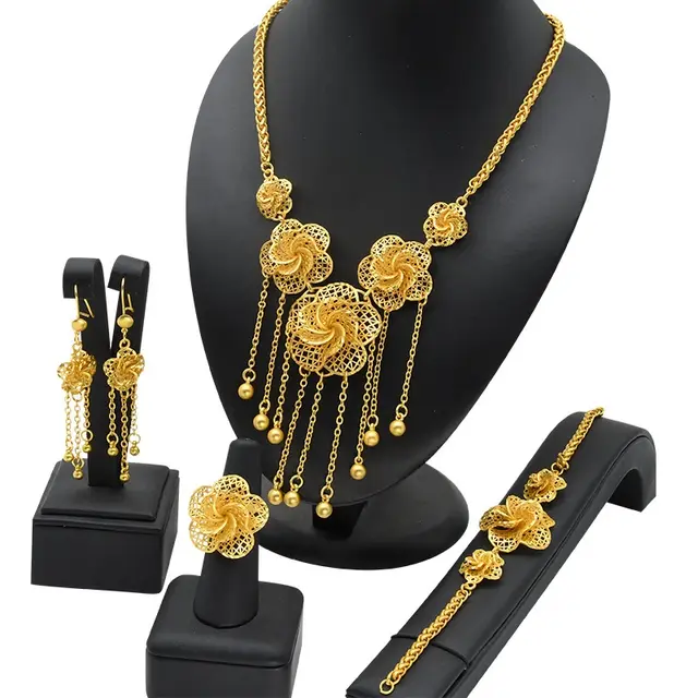 Lady's Flower Necklace Earring Ring Bracelet Copper plated Gold Jewelry Suit S285 - Shop at LoveMi