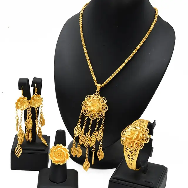 Lady's Flower Necklace Earring Ring Bracelet Copper plated Gold Jewelry Suit S287 - Shop at LoveMi