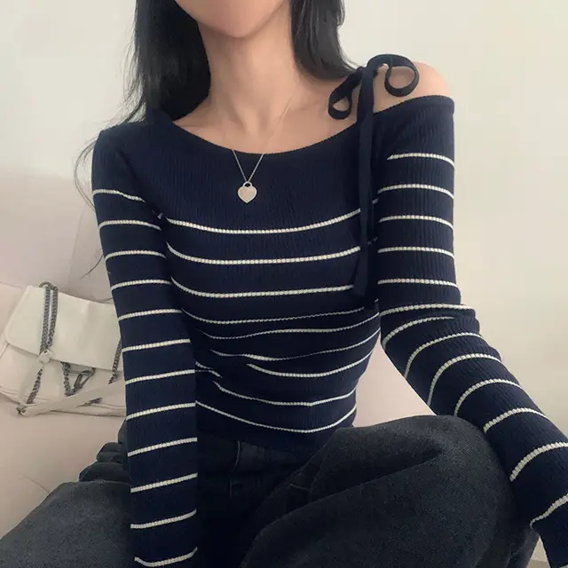 Casual Diagonal Collar Off the shoulder Strap Striped Color Matching Sweater Top Sapphire Blue Stripe - Shop at LoveMi