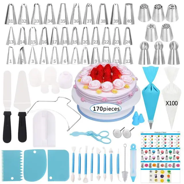 Set Cake Turntable Suit Butter Knife Decorating Nozzle DIY Baking Tool 170 Pieces Suit - Shop at LoveMi