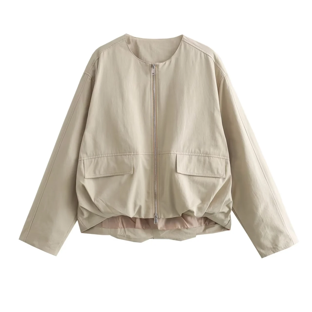 Zipped Round Neck Cargo Pocket Baggy Coat Women