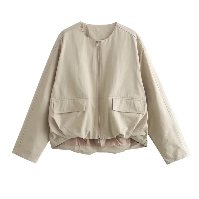 Zipped Round Neck Cargo Pocket Baggy Coat Women - Shop at LoveMi