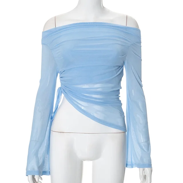 Women's Autumn Solid Color Long sleeved Off shoulder Top Blue - Shop at LoveMi
