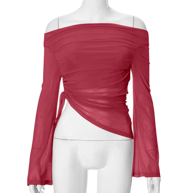 Women's Autumn Solid Color Long sleeved Off shoulder Top Wine Red - Shop at LoveMi