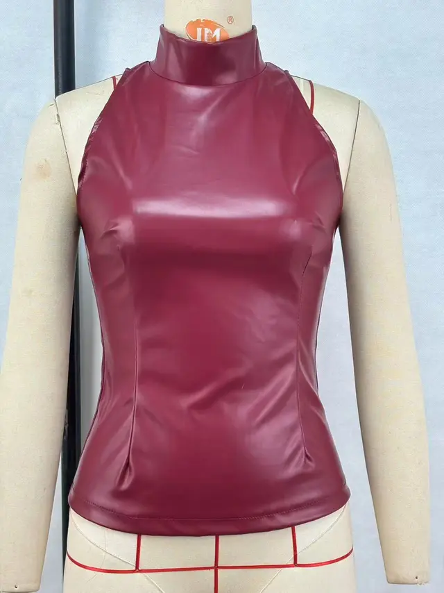 PU Leather Slim fit Slimming Half Turtleneck Sleeveless Vest Wine Red - Shop at LoveMi