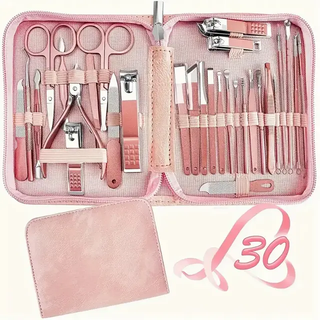 30 piece Stainless Steel Nail Beauty Tool Set Pink - Shop at LoveMi