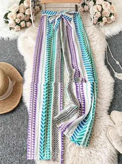 Striped Digital Printing Wide Leg Leisure Slim Fit Tied Cropped Pants 6Color - Shop at LoveMi