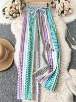 Striped Digital Printing Wide Leg Leisure Slim Fit Tied Cropped Pants - 6Color - View 1