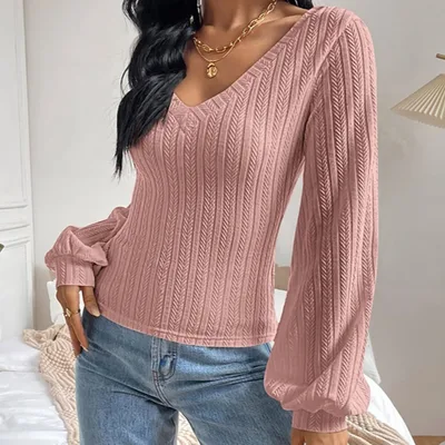 Puff Sleeve Shirt Slim fit Elegant Twist Knitted Long sleeved Top Pink - Shop at LoveMi