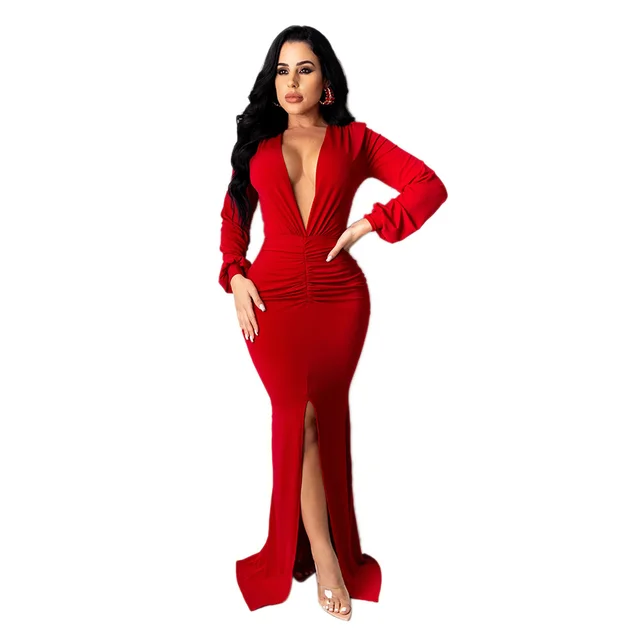 Women's Large V neck Slim fit Nightclub Evening Dress Red - Shop at LoveMi