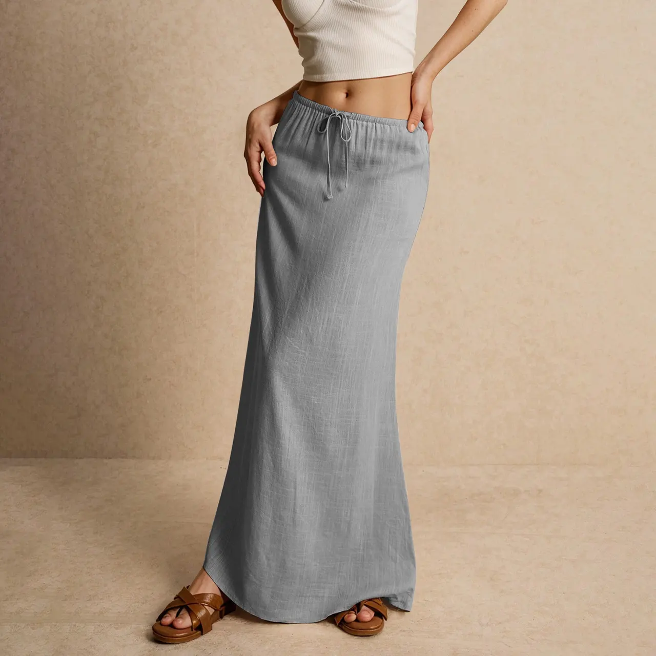 Women's Solid Color Drawstring Elastic Waist Skirt - Gray