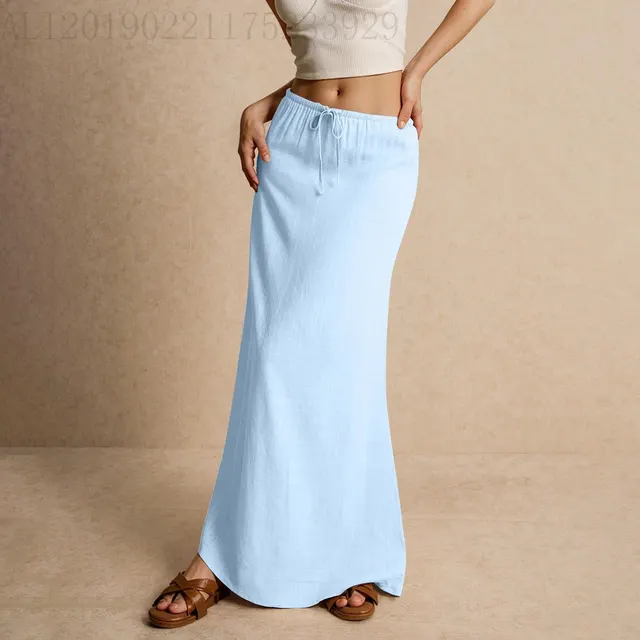 Women's Solid Color Drawstring Elastic Waist Skirt Light Blue - Shop at LoveMi