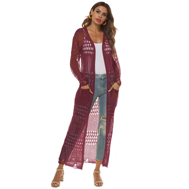 Women's Thin Woven Sweater Sheer Cutout Long Purplish Red - Shop at LoveMi