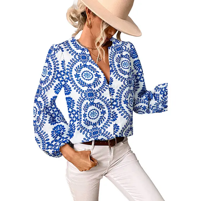Slim fit Long sleeved Women's European And American Fashion All match Multi color Printed Shirt Blue - Shop at LoveMi