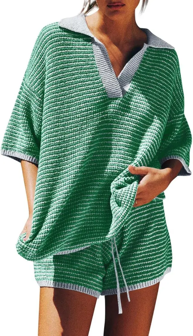 Loose Knitted Top High Waist Knit Shorts Suit Green Set - Shop at LoveMi