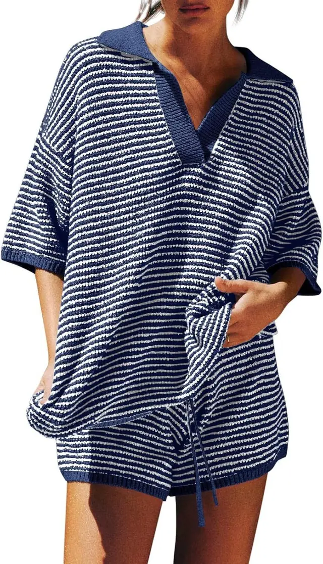 Loose Knitted Top High Waist Knit Shorts Suit Navy Blue Set - Shop at LoveMi