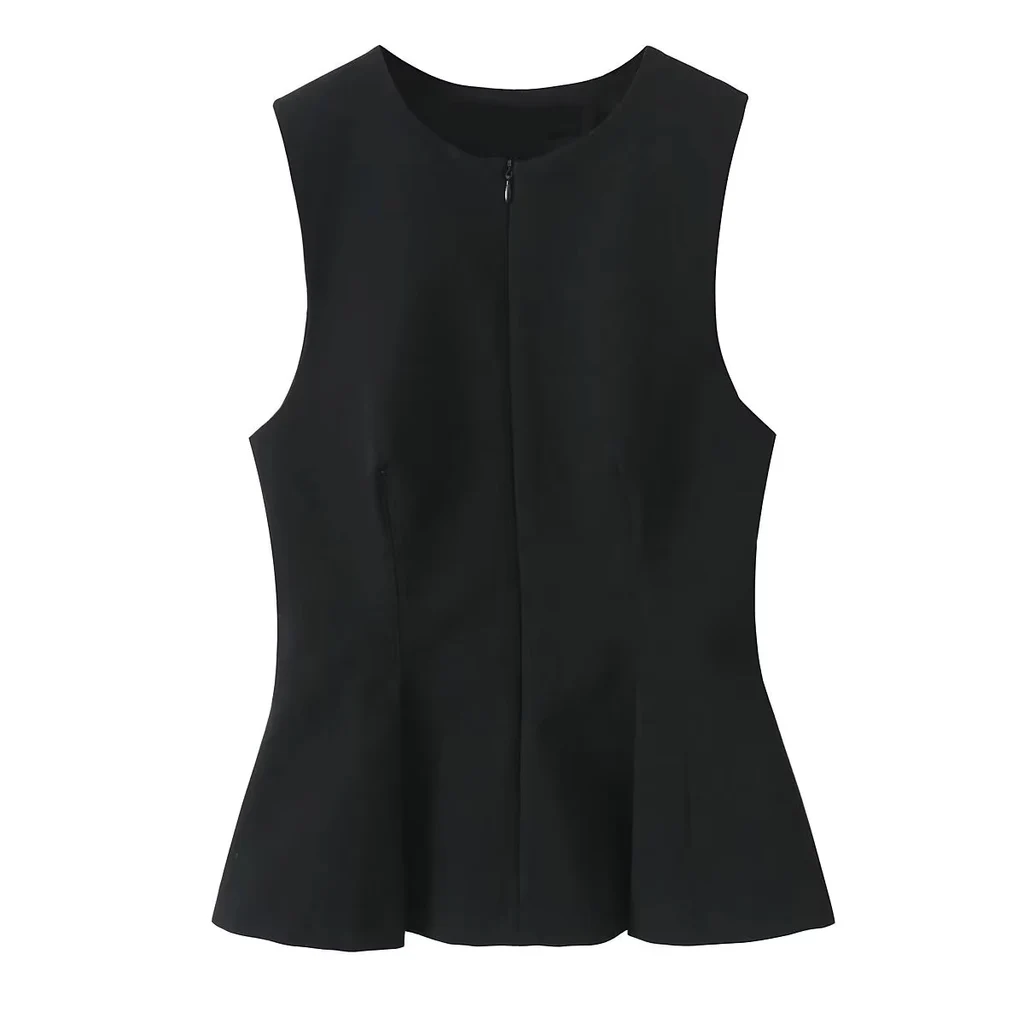 Women's Elegant Slim-fit Short Skirt Hem Round Neck Pleated Top - Black