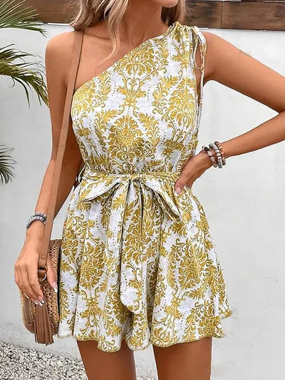 Women's Printed Shoulder Drawstring Sleeveless Shoulder Short Pantskirt Yellow - Shop at LoveMi