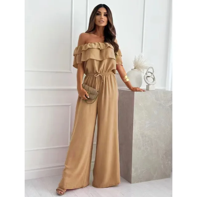 Ruffled Short Sleeves Elastic And Waisted Wide Leg Jumpsuit Trousers Khaki - Shop at LoveMi