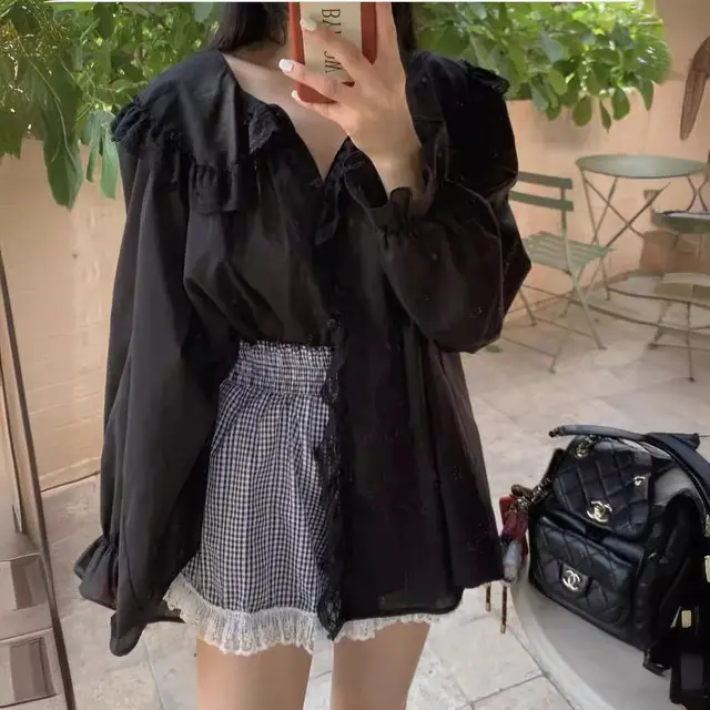 Autumn New Design Sense Sweet Holiday Lace Embellished Loose Sun Protection Shirt Black - Shop at LoveMi