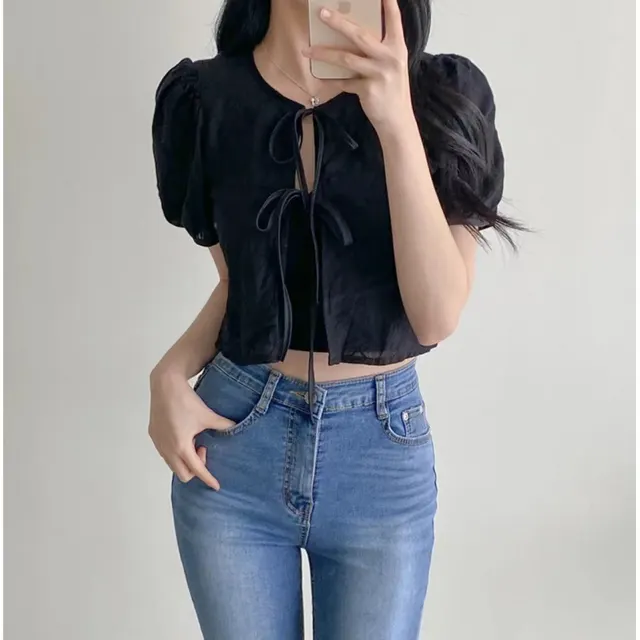 Chic Lace up Crocheted Short sleeved Blouse Shirt Black - Shop at LoveMi