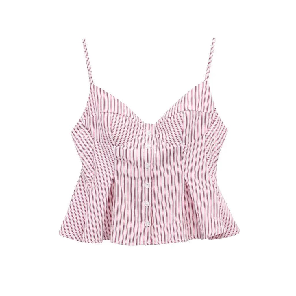Single-breasted Wide Pleated Skirt Hem Slim Short Women's Vest - Red Stripe