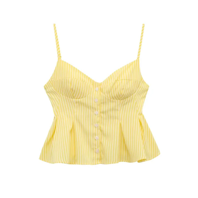 Single breasted Wide Pleated Skirt Hem Slim Short Women's Vest Yellow Stripes - Shop at LoveMi