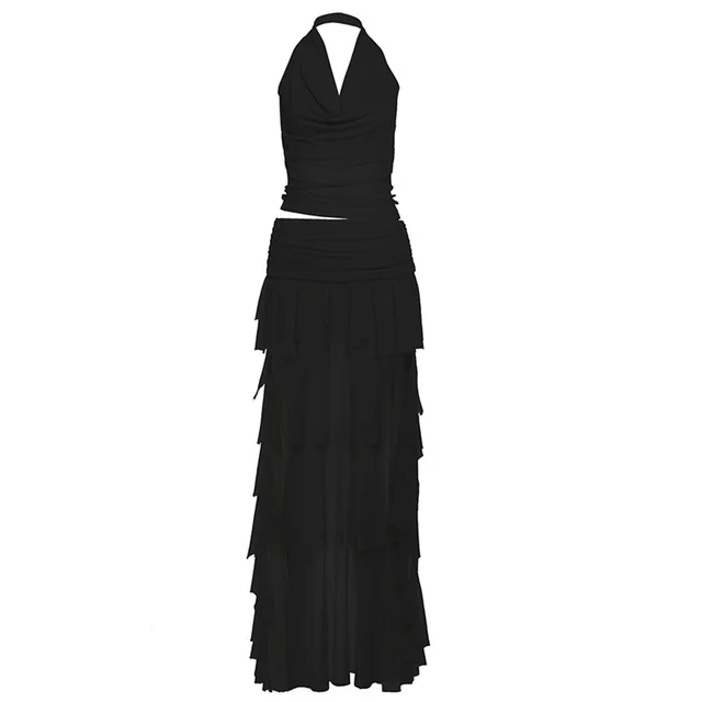 Solid Color Slim Fit Halterneck Vest Fashion Low Waist Skirt Suit Black - Shop at LoveMi