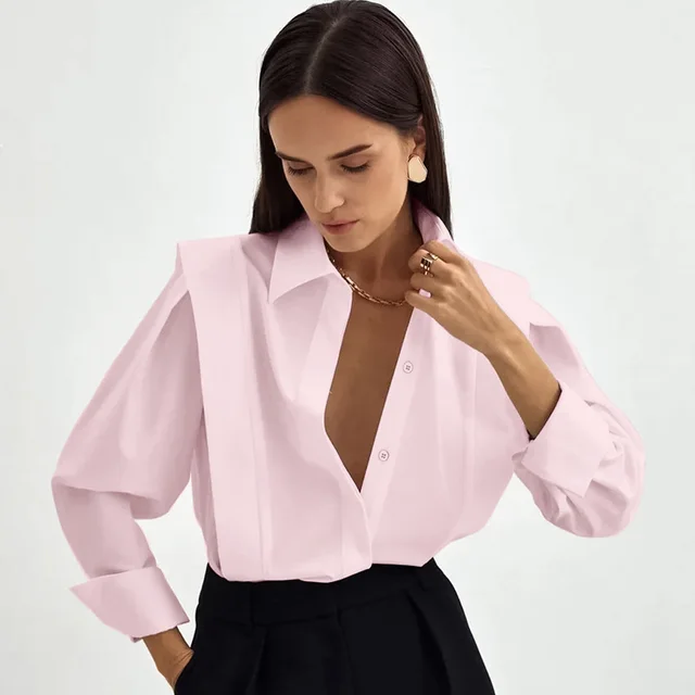 Niche European, American And French Style Commuter Right angle Shoulder Slimming Shirt Women's Long Sleeve Stitching Sense Pink - Shop at LoveMi