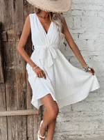 Solid Color Belt V-neck Double Layer Dress Women - White