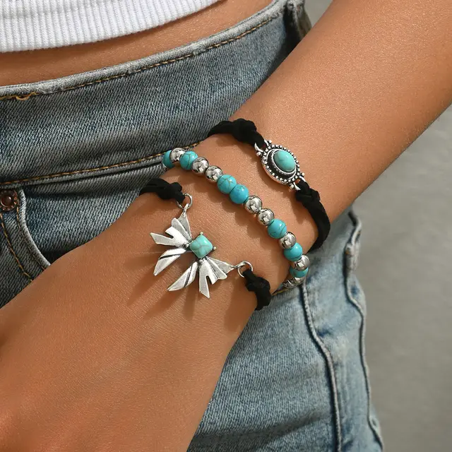 Geometric Butterfly Turquoise Design Bracelet Three piece Set Sl7757 - Shop at LoveMi