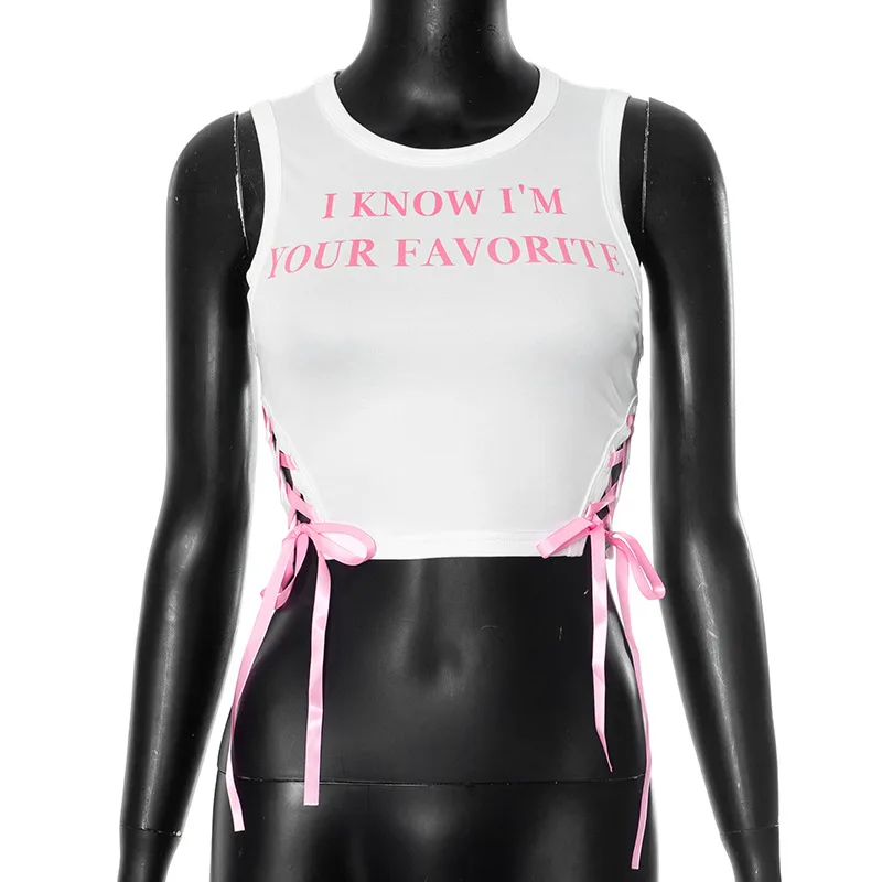 Contrast Colour Letter Printed Lace Up Sexy Vest Top - Pink - View 1