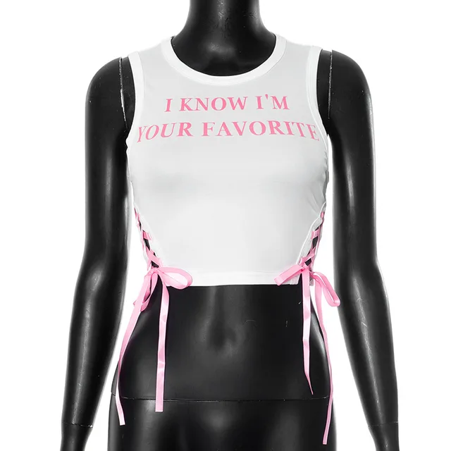 Contrast Color Letter Printed Lace Up Sexy Vest Top Pink - Shop at LoveMi