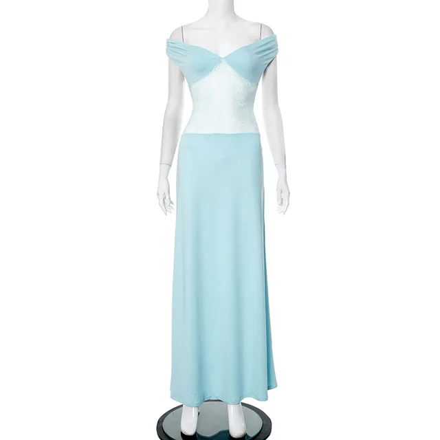 Solid Color Strapless Lace Stitching Sexy Dress Blue - Shop at LoveMi