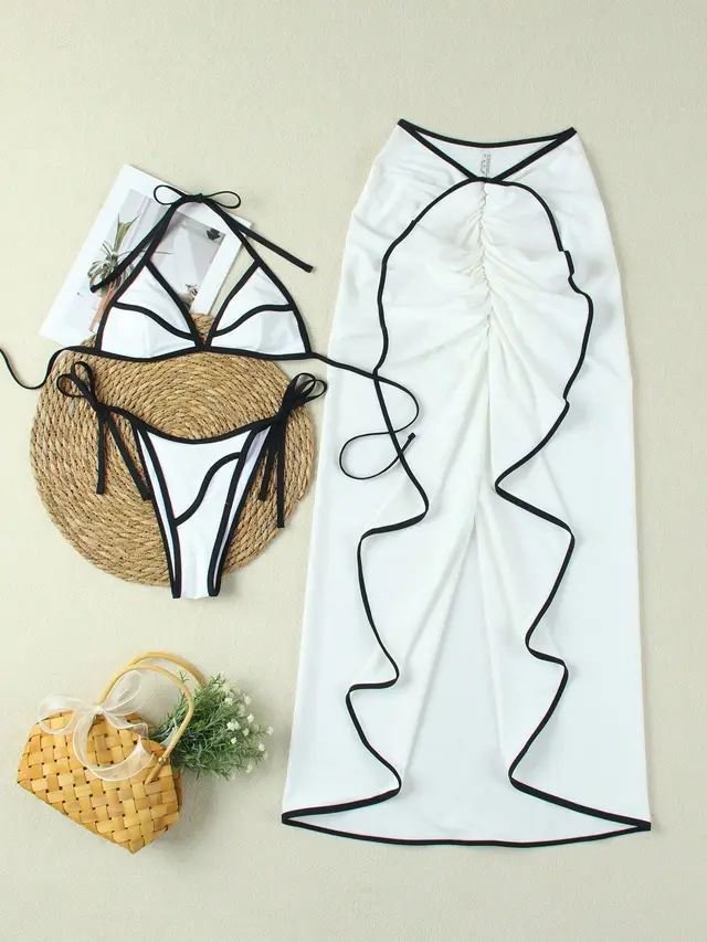 Women's Simple Casual Multicolor Long Skirt Bikini Three piece Set Ff1207Wh - Shop at LoveMi