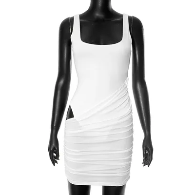 European And American Solid Color U Collar Sleeveless Sexy Sheath Dress White - Shop at LoveMi