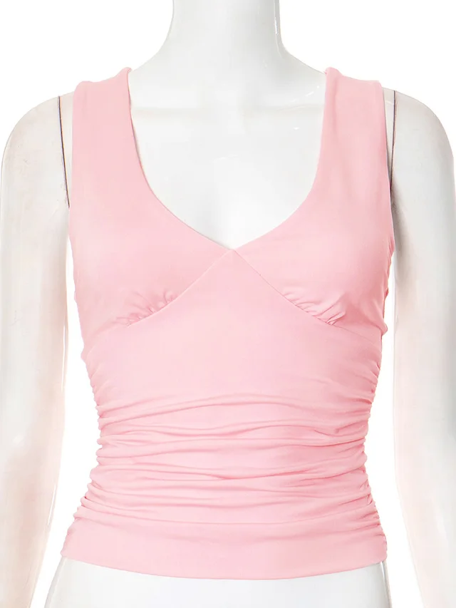 European And American Solid Color And V neck Pleated Sexy Vest Top For Women Pink - Shop at LoveMi