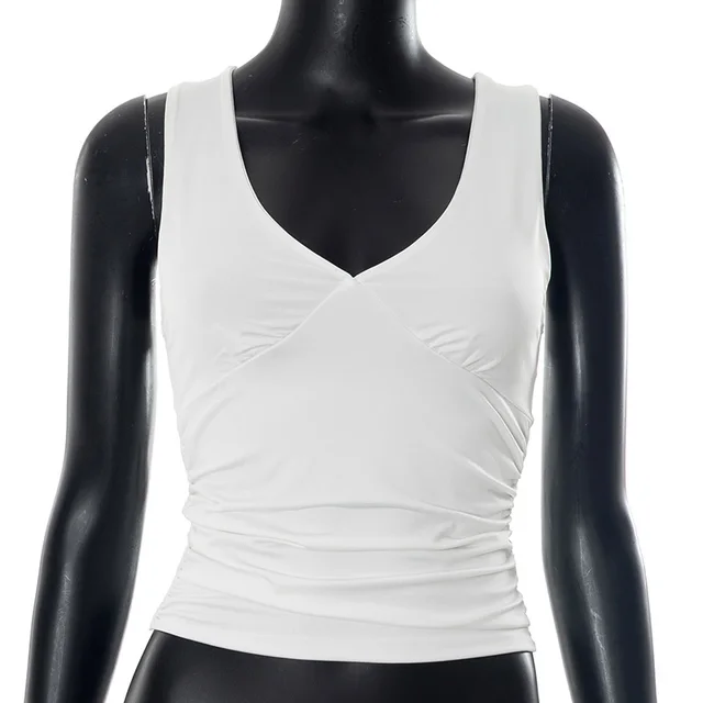 European And American Solid Color And V neck Pleated Sexy Vest Top For Women White - Shop at LoveMi