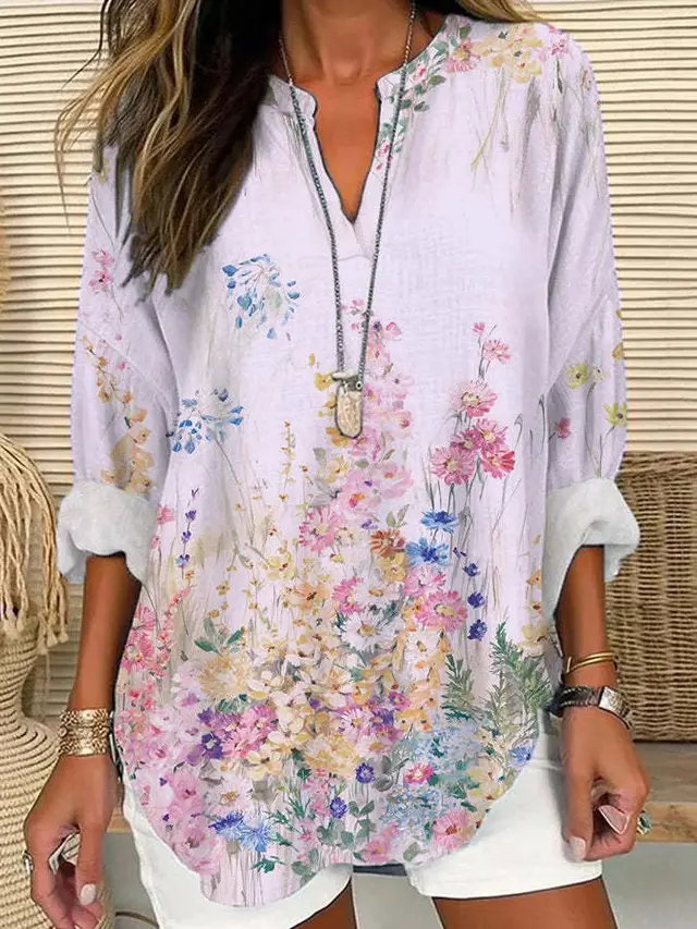 Women's V neck Floral Simple Casual T shirt Long Sleeve 15 D719 - Shop at LoveMi